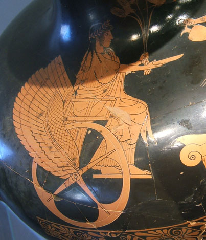 Winged Greek wheelchair picture on vase.